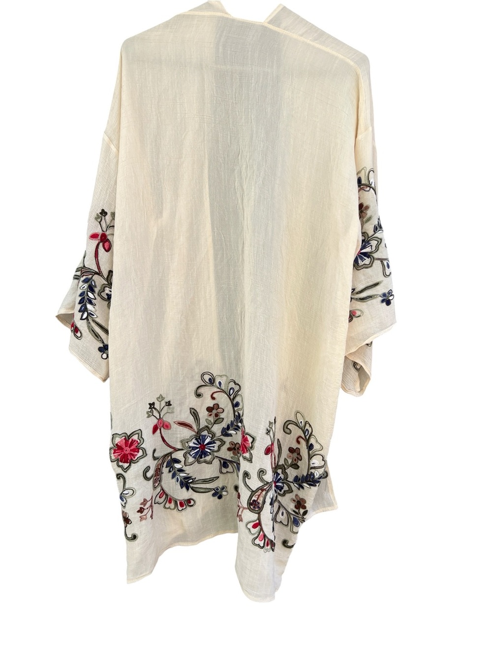 Cream Sheer Floral Embroidered Open-Front Women's Kimono Coverup Boho Beach - Picture 4 of 11